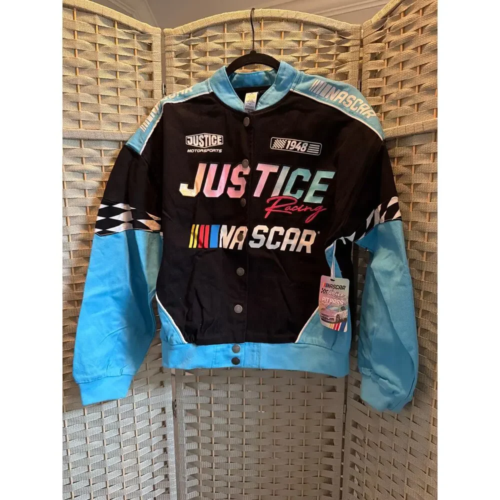 Girl's NASCAR X Justice Collab Racing Jacket Blue Black XL Snap Button NEW